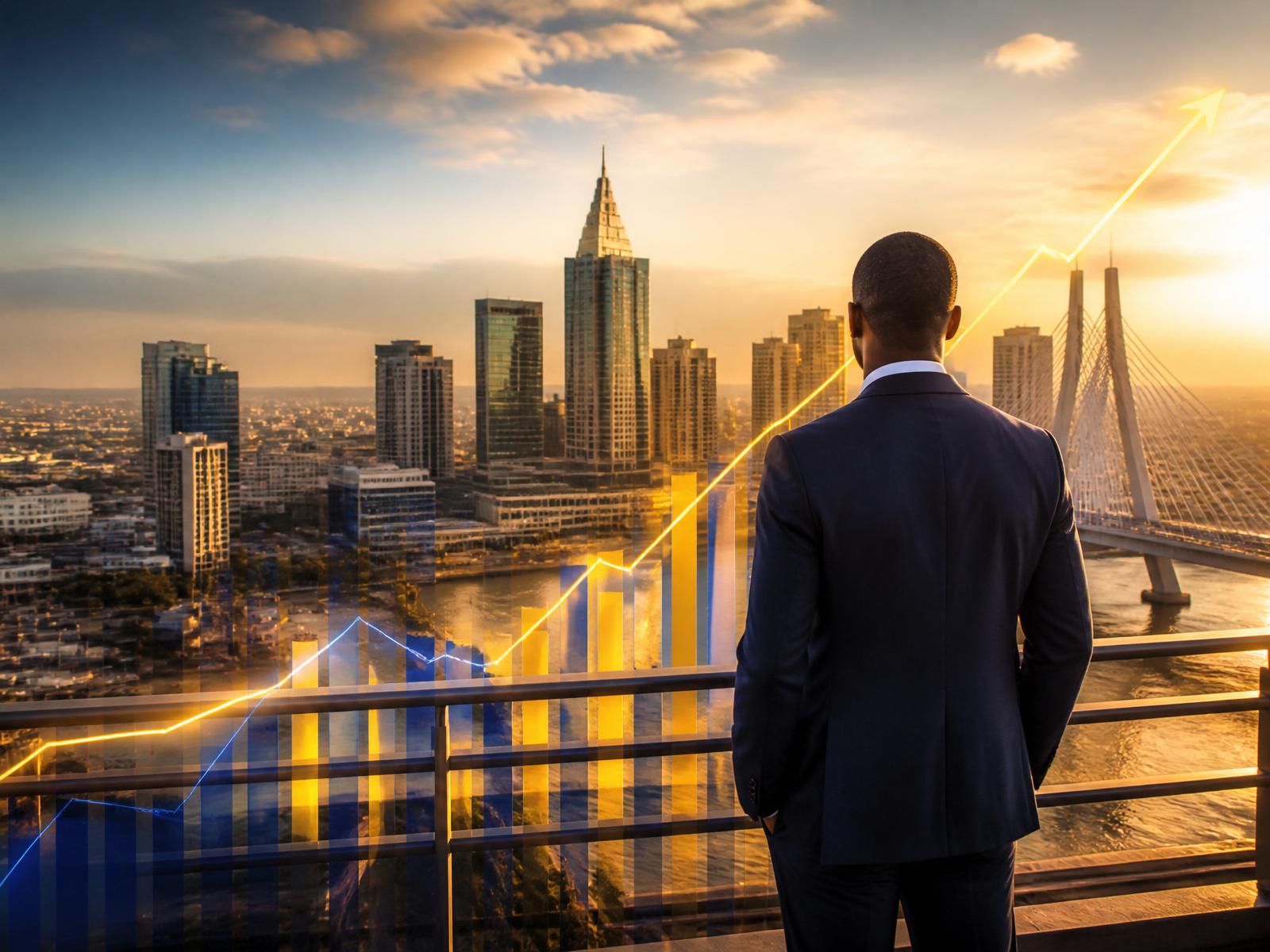 Abstract illustration of NGX-inspired upward growth over a Nigerian skyline